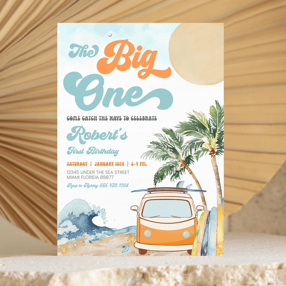 Editable Boy The Big One Surfing Invitation BO3