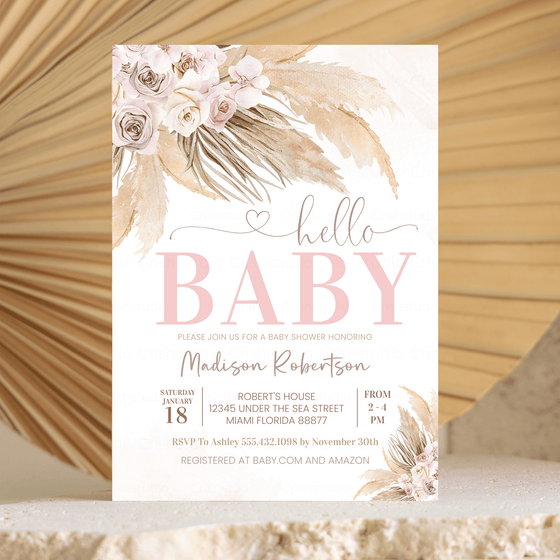 Editable Pampas Grass Baby Shower Invitation BP102