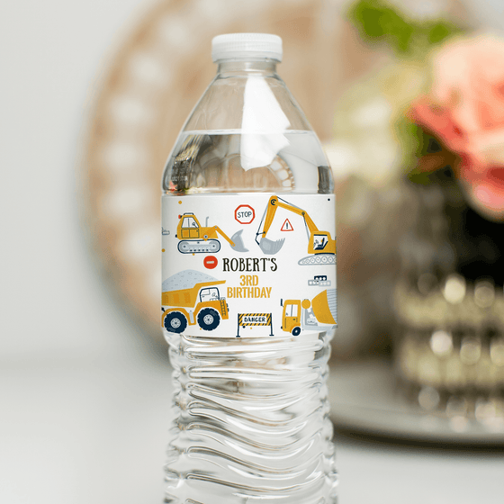Editable Construction Water Bottle Labels C001