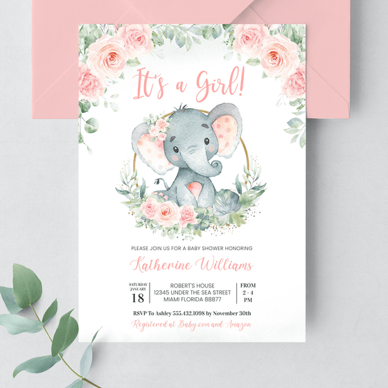 Editable It's A Girl Elephant Baby Shower Invitation E102