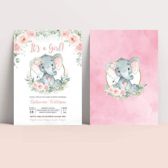 Editable It's A Girl Elephant Baby Shower Invitation E102