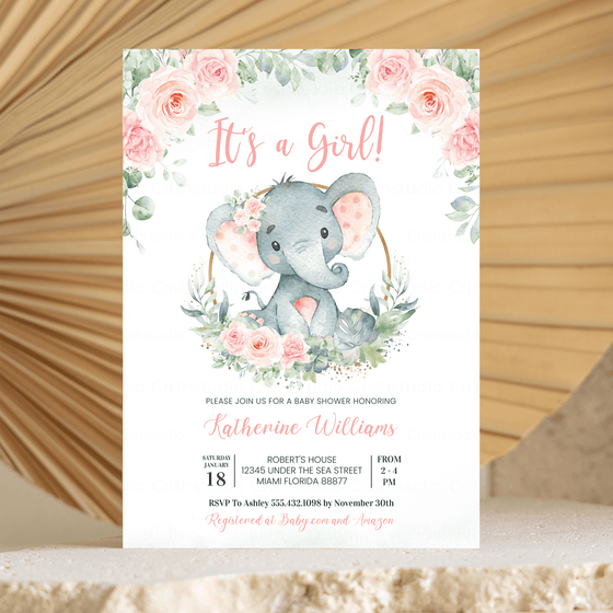 Editable It's A Girl Elephant Baby Shower Invitation E102