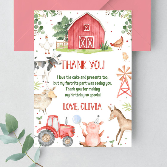 Editable Birthday Thank You Card Farm F101
