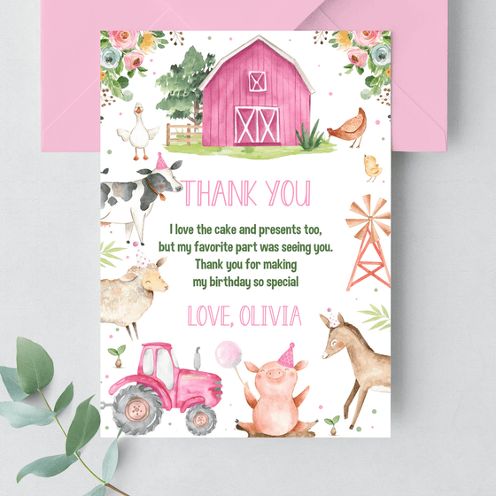 Editable Birthday Thank You Card Farm F102