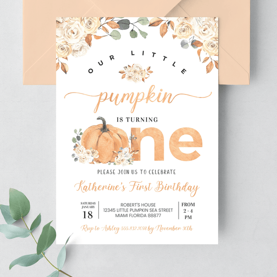 Editable Our Little Pumpkin Birthday Invitation PB002