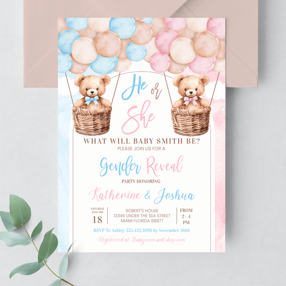 Editable Teddy Bear Gender Reveal Invitation T702