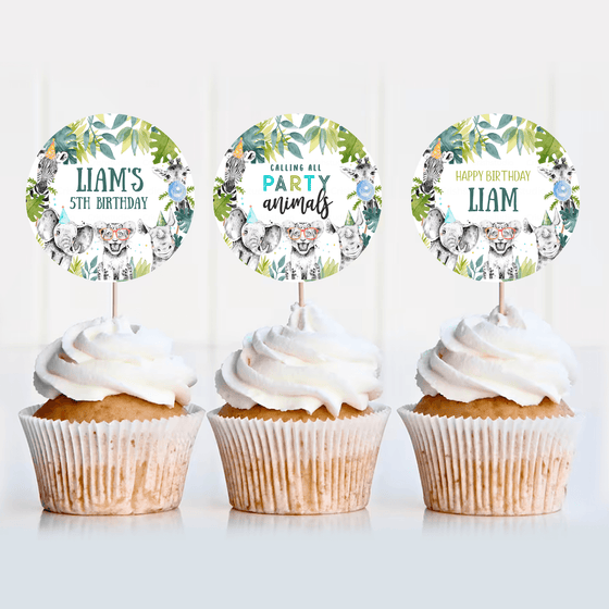 Editable Party Animals Birthday Cupcake Toppers S105