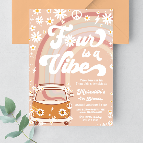 Editable Four Is A Vibe Birthday Invitation G604