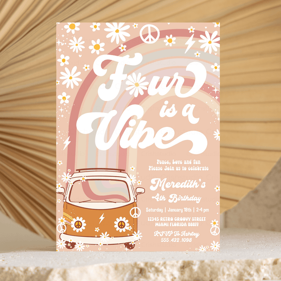 Editable Four Is A Vibe Birthday Invitation G604