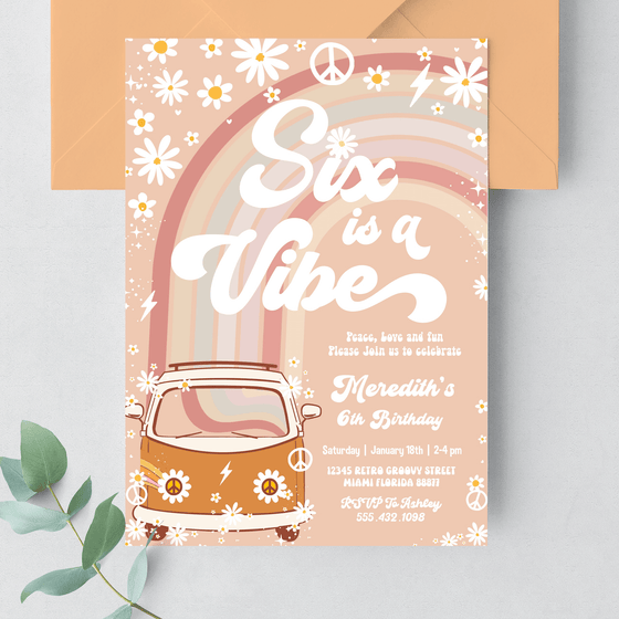 Editable Six Is A Vibe Birthday Invitation G606