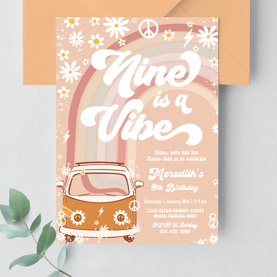 Editable Nine Is A Vibe Birthday Invitation G609