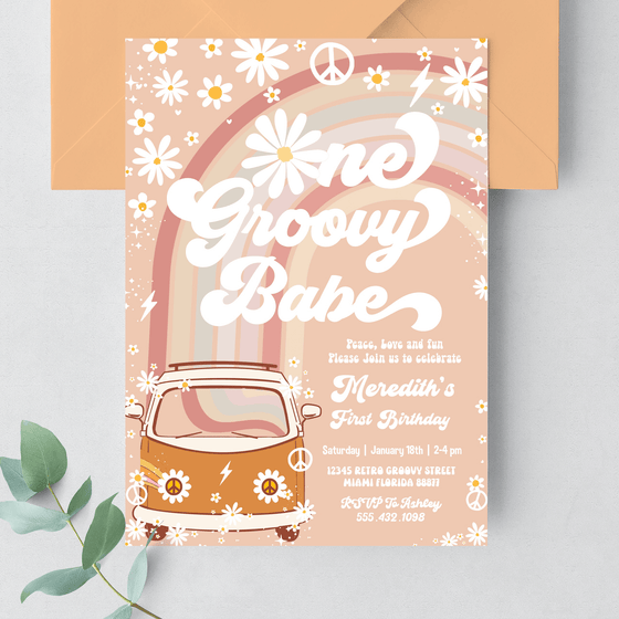 Editable One Groovy Babe Birthday Invitation G612