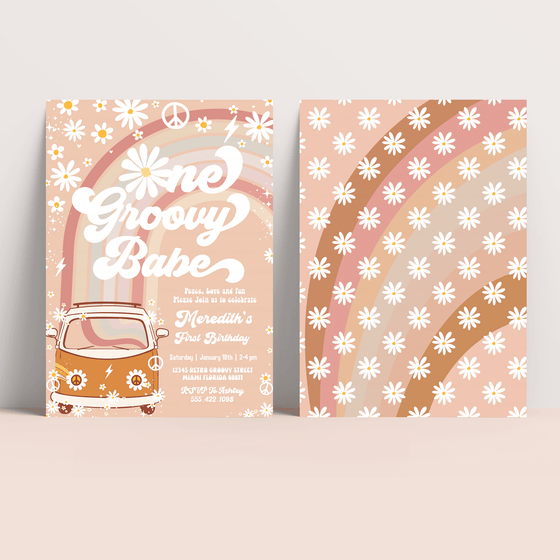 Editable One Groovy Babe Birthday Invitation G612