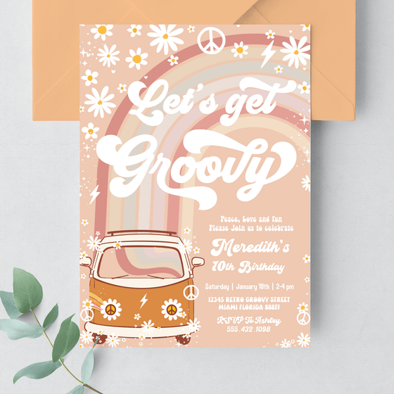 Editable Let's Get Groovy Birthday Invitation Hippie Van Editable Groovy Birthday G613