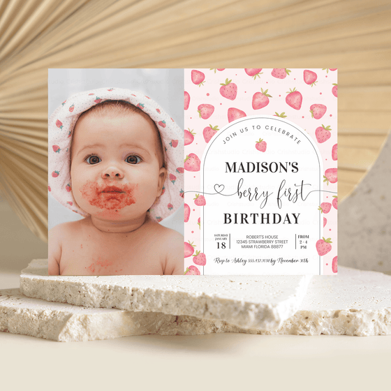 Editable Berry First Birthday Invitation Strawberry BF01