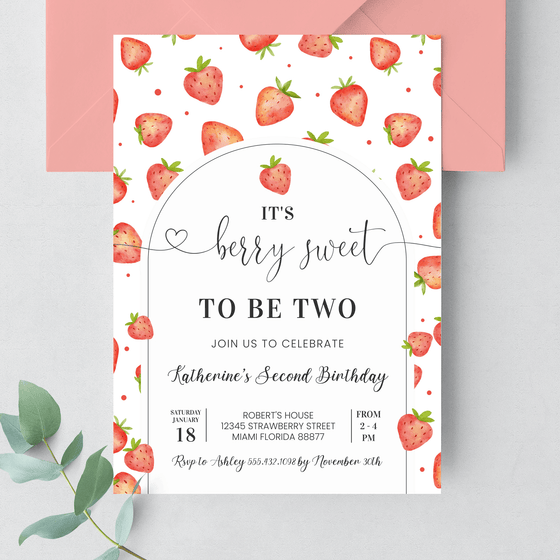 Editable Berry Sweet 2nd Birthday Invitation BF06