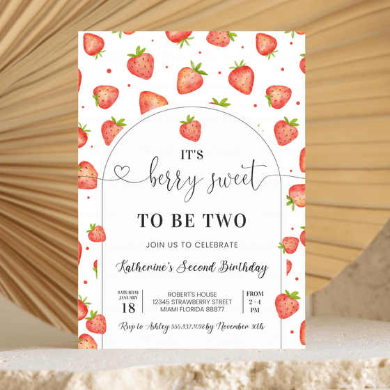 Editable Berry Sweet 2nd Birthday Invitation BF06