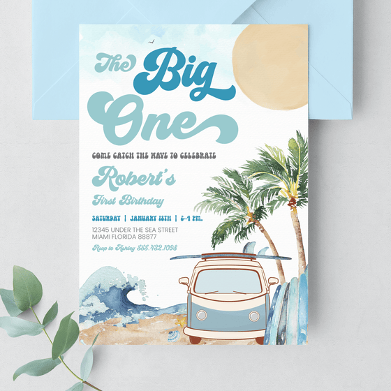 Editable Boy The Big One Surfing Invitation BO4