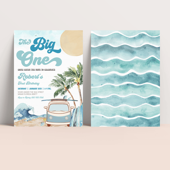 Editable Boy The Big One Surfing Invitation BO4