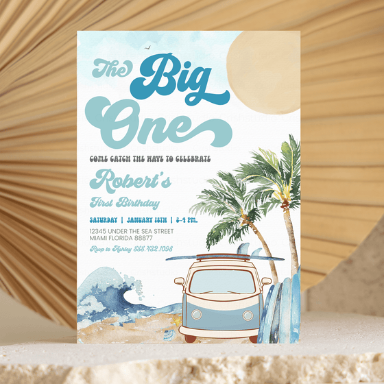 Editable Boy The Big One Surfing Invitation BO4