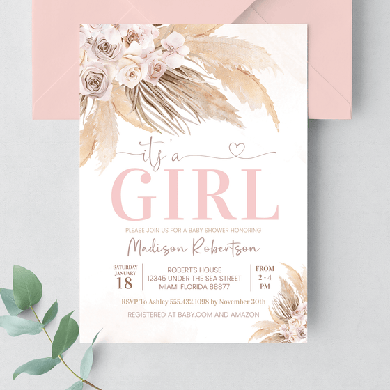 Editable Pampas Grass Baby Shower Invitation BP103
