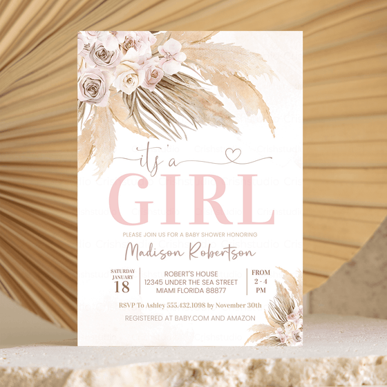Editable Pampas Grass Baby Shower Invitation BP103