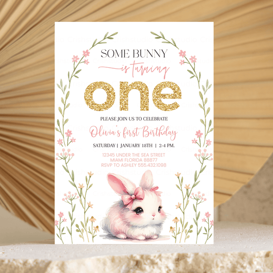 Editable Some Bunny Is One Birthday Invitation BU03