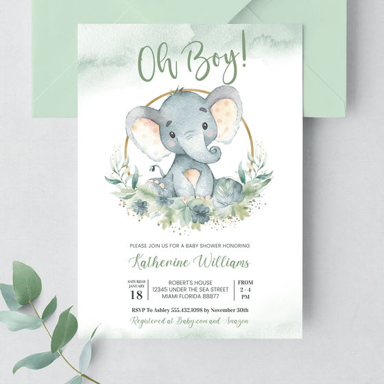 Editable Oh Boy Elephant Baby Shower Invitation E103