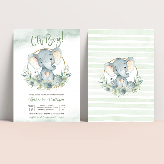 Editable Oh Boy Elephant Baby Shower Invitation E103