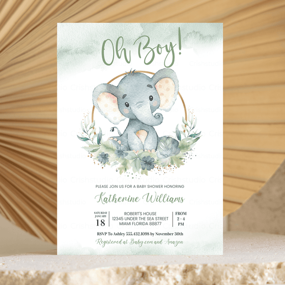Editable Oh Boy Elephant Baby Shower Invitation E103