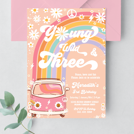 Editable Young Wild And Three Birthday Invitation G203