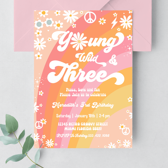 Editable Young Wild And Three Birthday Invitation  G403