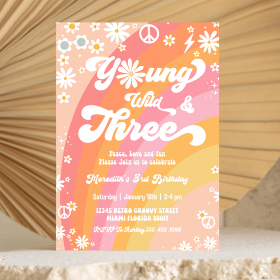 Editable Young Wild And Three Birthday Invitation  G403