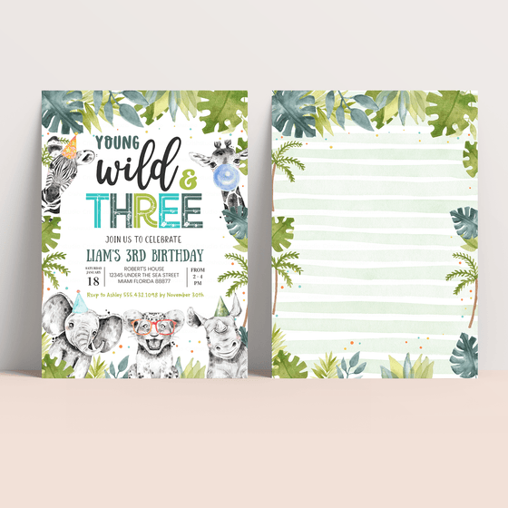 Editable Young Wild And Three Birthday Invitation S103