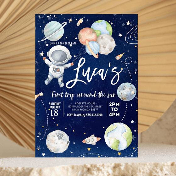 Editable First Trip Around the Sun Outer Space Invitation TA04