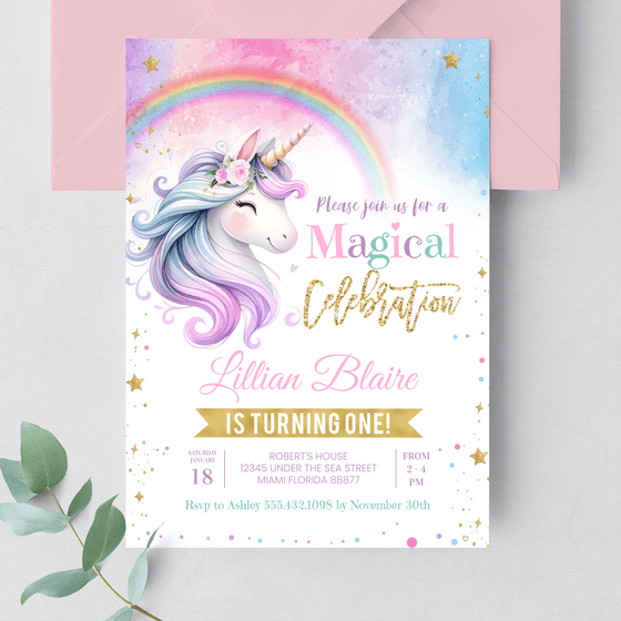 Editable Unicorn Birthday Invitation  UN201