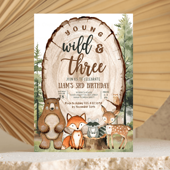 Editable Young Wild And Three Birthday Invitation W203