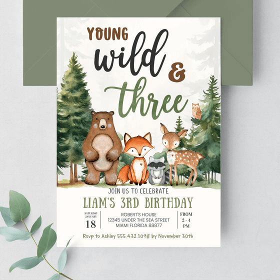 Editable Young Wild And Three Birthday Invitation W303