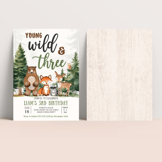 Editable Young Wild And Three Birthday Invitation W303