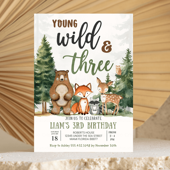 Editable Young Wild And Three Birthday Invitation W303