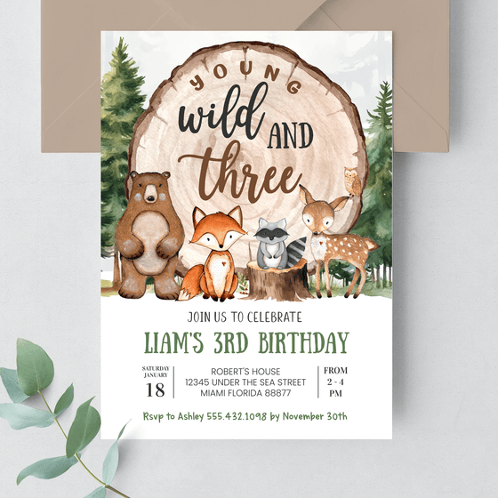Editable Young Wild And Three Birthday Invitation W403