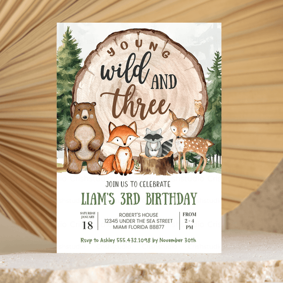 Editable Young Wild And Three Birthday Invitation W403