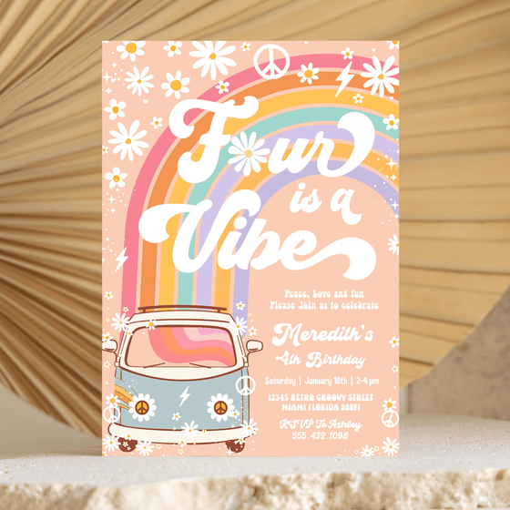 Editable Four Is A Vibe Birthday Invitation G704