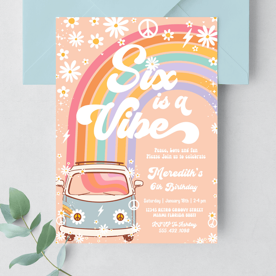 Editable Six Is A Vibe Birthday Invitation G706