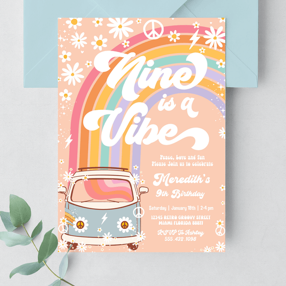Editable Nine Is A Vibe Birthday Invitation G709