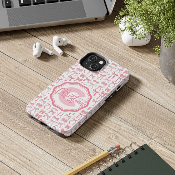 Personalized Tough Phone Case with Pink Bow Design - PC017