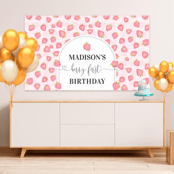 Editable Berry First Birthday Backdrop Strawberry BF03