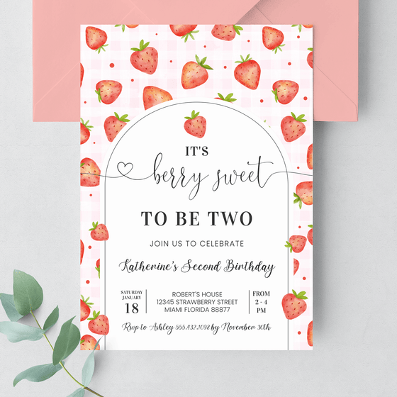 Editable Berry Sweet 2nd Birthday Invitation BF08