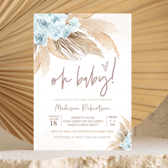 Editable Boho Pampas Grass Baby Shower Invitation BP104