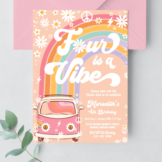 Editable Four Is A Vibe Birthday Invitation G204